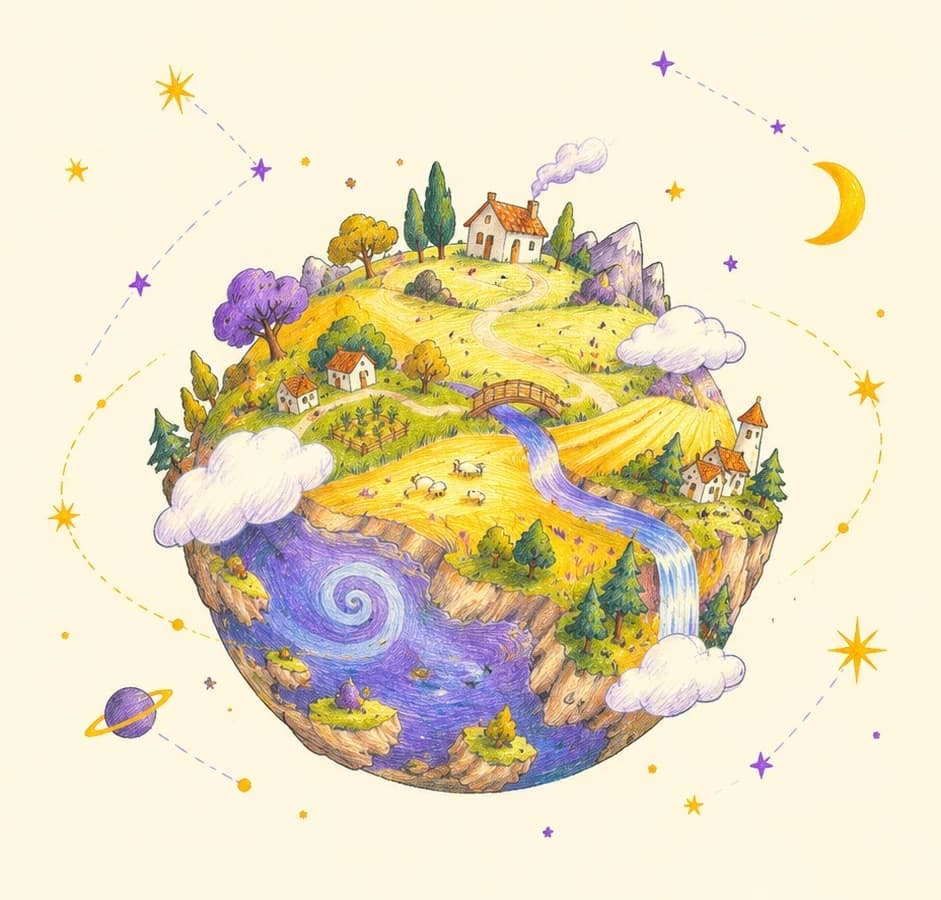 Gezeichneter Planet mit Hügeln, Häusern, Fluss und Wasserfall: eine Wunschwelt auf der Oberfläche eines Planeten